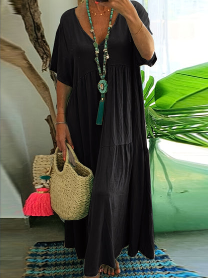 Women's Solid Color Loose V-Neck Short Sleeve Big Swing Maxi Dress Summer Casual Vacation Outfit Plus Size
