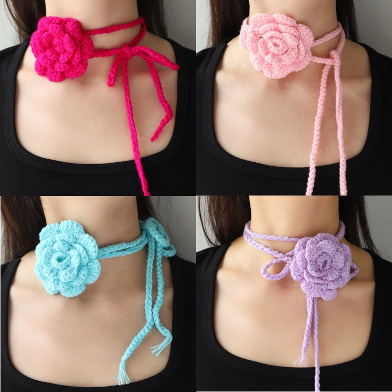 Women's Handmade Woven Flower Choker Necklace Colorful Boho Beach Vacation Summer Jewelry
