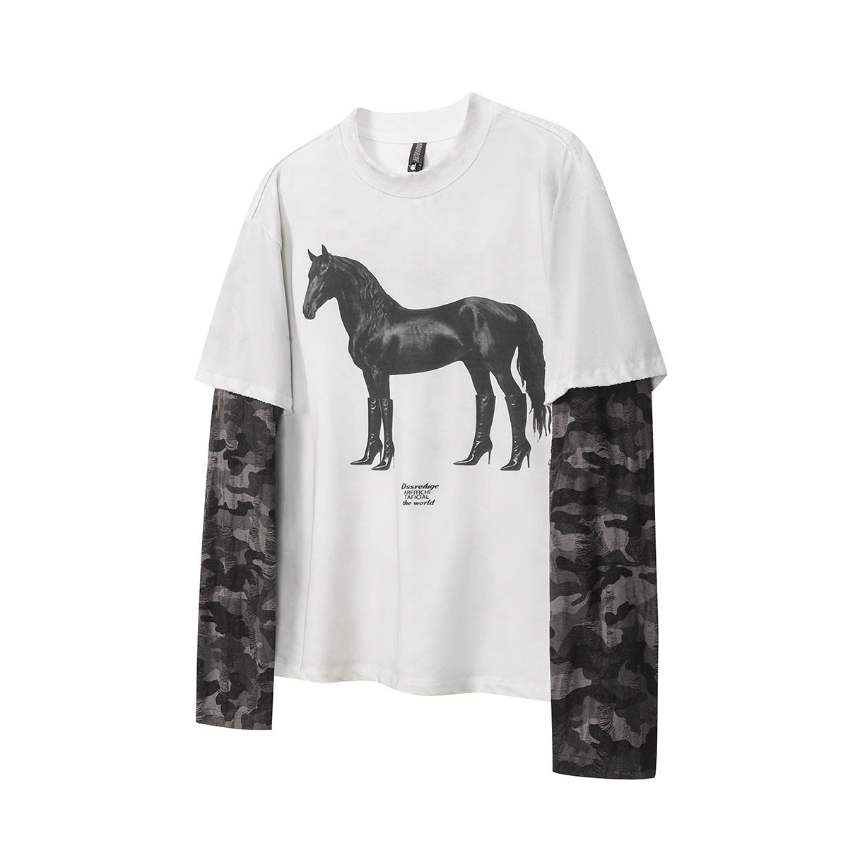 Faux Two-Piece Distressed Camo Sleeve Long Sleeve Tee - Washed Black