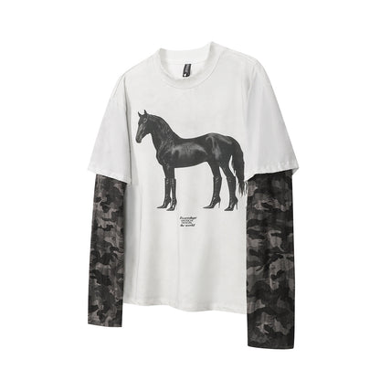 Faux Two-Piece Distressed Camo Sleeve Long Sleeve Tee - Washed Black