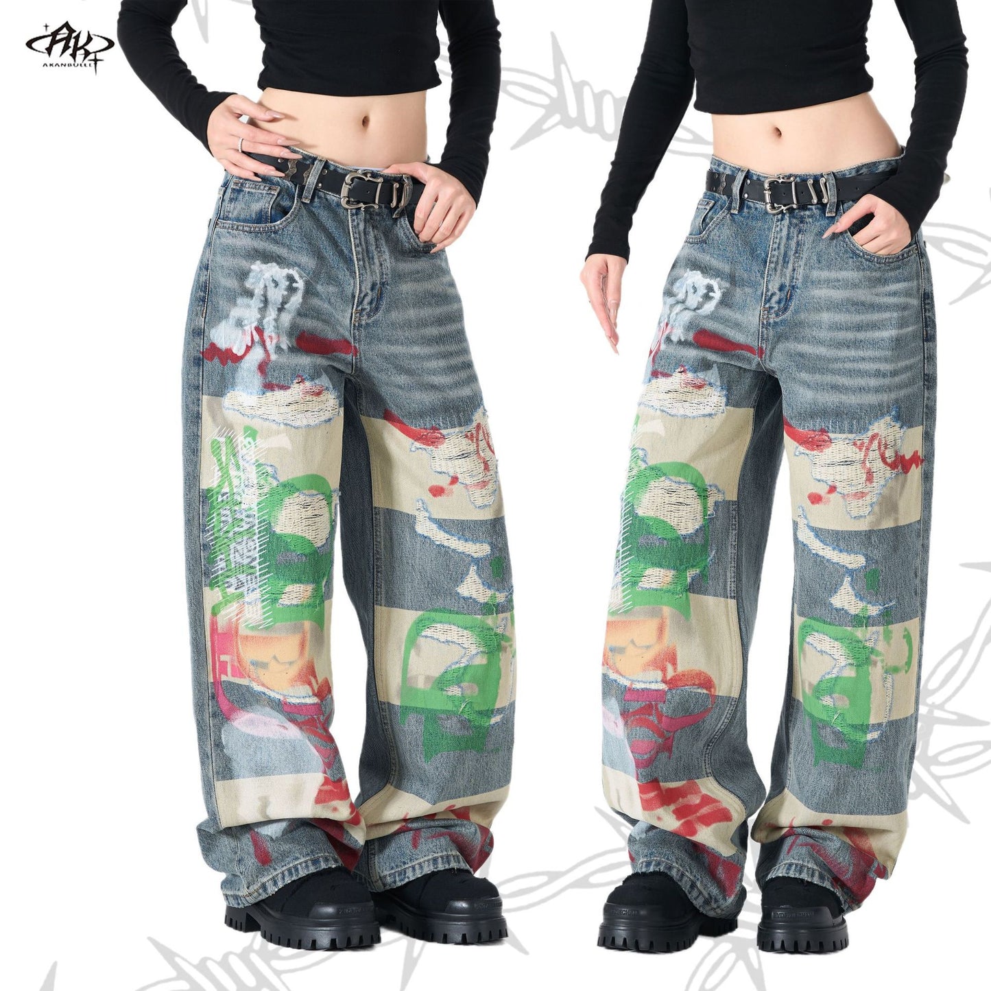 Graffiti Digital Spray Hole Patch Washed Heavy Straight Jeans Retro American Trendy Casual Denim Trousers | Spray Patch