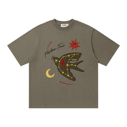 Freedom Swallow Graphic Oversized T-Shirt Short Sleeve Crew Neck Casual Summer Streetwear Tee | Freedom Swallow Tee