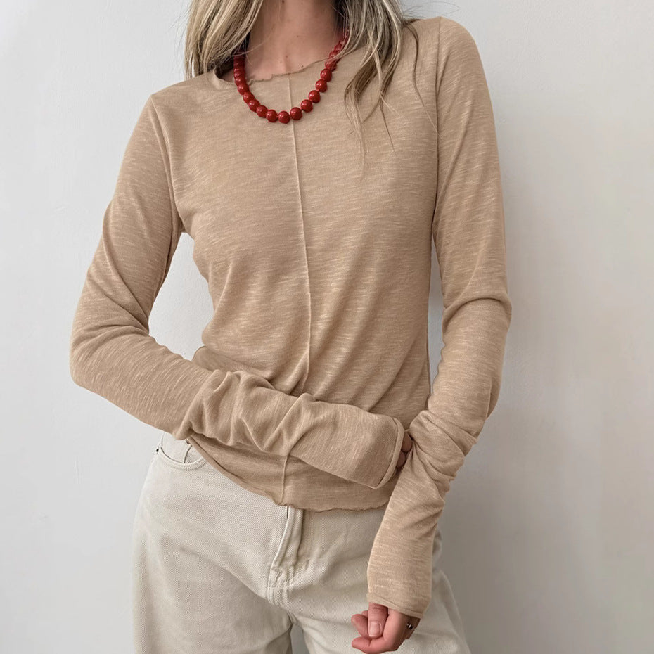 Autumn and awinter crew neck knitted bottoming shirt women's simple fashion splicing inside with white long-sleeved top women's clothing - Seldom Seen Styles