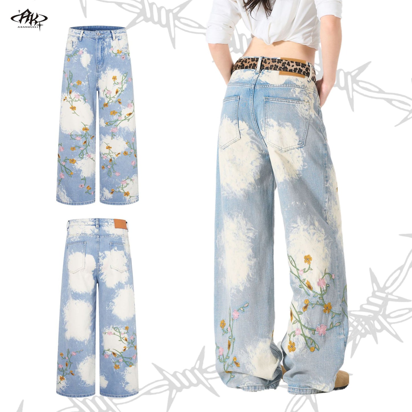 Flower Embroidery Washed Heavy Straight Jeans Retro American High Street Trendy Casual Denim Trousers | Bloom Wash