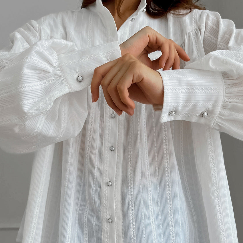 Cotton French shirt long-sleeved women's clothing 2025 spring and summer new simple bubble sleeve top - Seldom Seen Styles