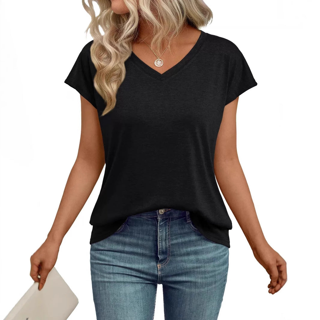Women's Solid Color V-Neck Short Sleeve Loose Casual Top Summer Everyday Relaxed Fit Tee - Seldom Seen Styles