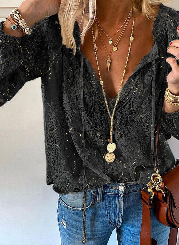Women's Lace Blouse V Neck Long Sleeve Boho Top Floral Lace Peasant Shirt Casual Elegant Tunic