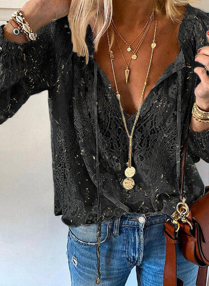 Women's Lace Blouse V Neck Long Sleeve Boho Top Floral Lace Peasant Shirt Casual Elegant Tunic