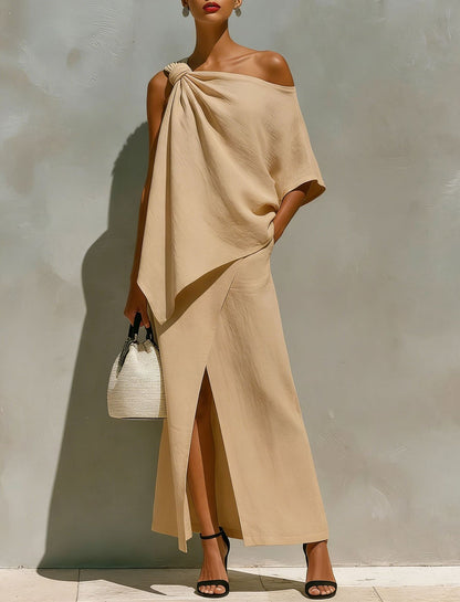 Women's One Shoulder Knot Front Slit Irregular Two Piece Set Solid Color Summer Vacation Outfit