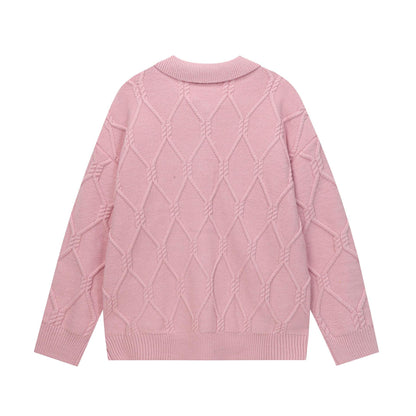 Hello Kitty Applique Embroidered Lapel Knit Sweater Unisex Loose Fit Retro Couple Knitwear Niche Streetwear | Kitty Knit