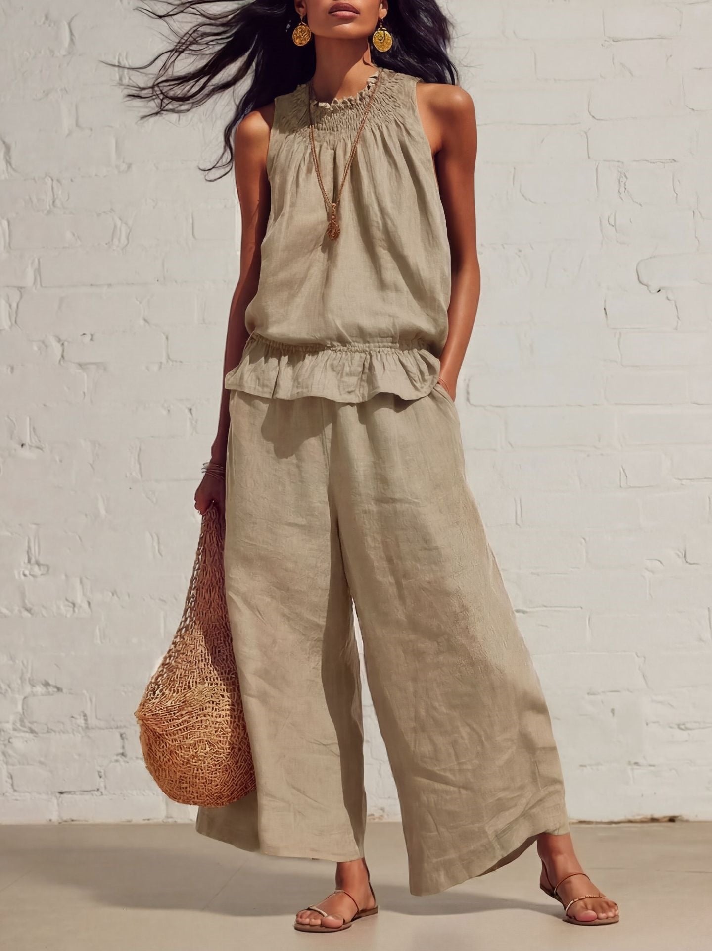 Women's Sleeveless Ruffle Wide Leg Pants Two Piece Set Cotton Linen Casual Summer Beach Outfit - Seldom Seen Styles