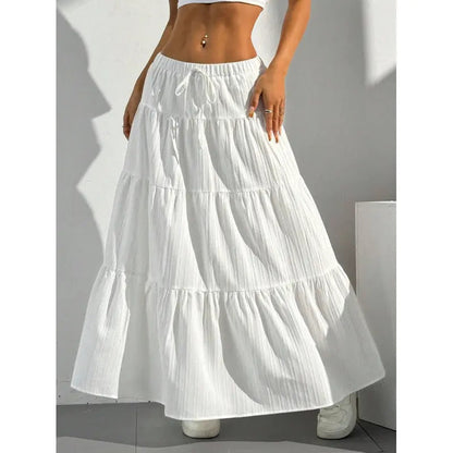 Women's Tiered Maxi Skirt - Elastic Waist - Drawstring Tie