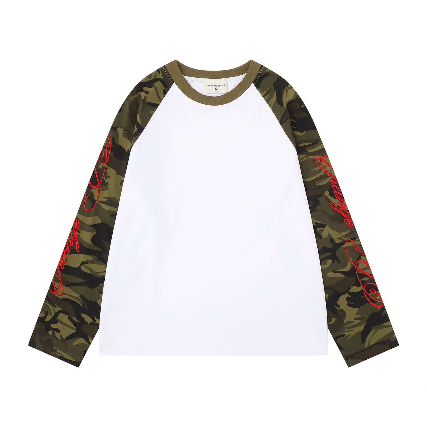 Women's American Retro Camouflage Splice Embroidery Raglan Long Sleeve T-Shirt Loose Casual Unisex Spring Summer Top | Camo Splice Tee