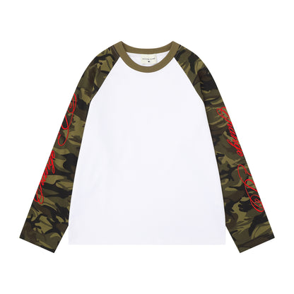 Women's American Retro Camouflage Splice Embroidery Raglan Long Sleeve T-Shirt Loose Casual Unisex Spring Summer Top | Camo Splice Tee