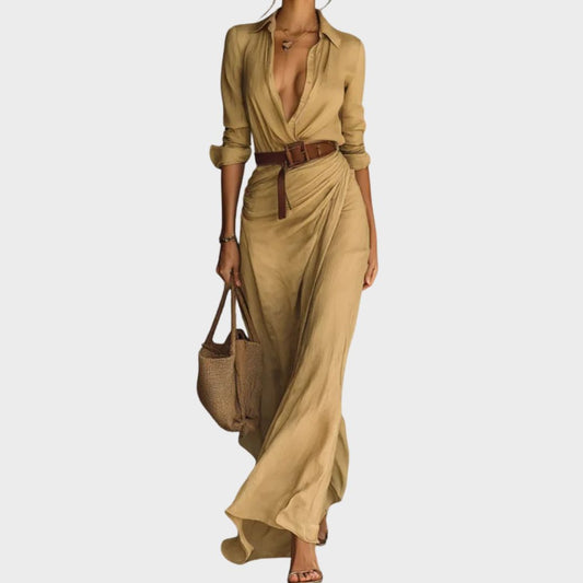 Oakleigh Elegant V-Neck Belted Maxi Dress - Formal & Everyday Wear - Seldom Seen Styles