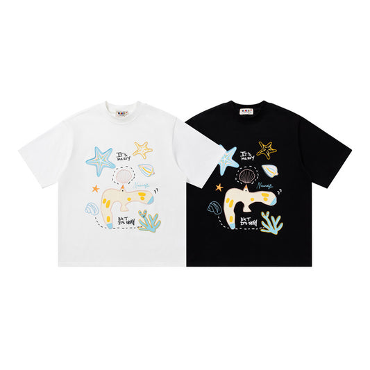 Ocean Doodle Graphic Oversized T-Shirt Short Sleeve Crew Neck Casual Summer Streetwear Tee | Ocean Doodle Tee - Seldom Seen Styles