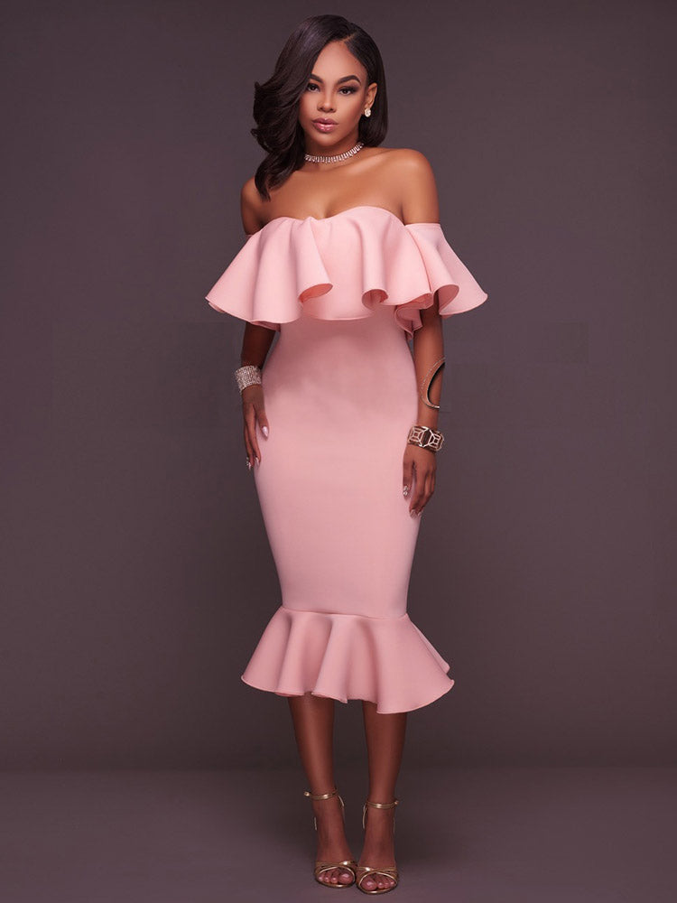 Off  Shoulder Ruffle Bodycon Midi Dress - Seldom Seen Styles