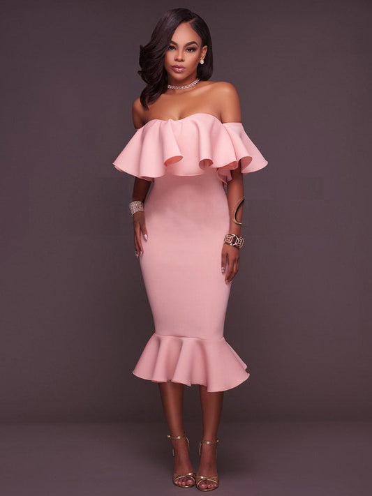 Off  Shoulder Ruffle Bodycon Midi Dress - Seldom Seen Styles