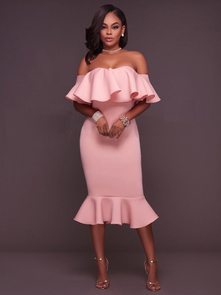 Off  Shoulder Ruffle Bodycon Midi Dress - Seldom Seen Styles