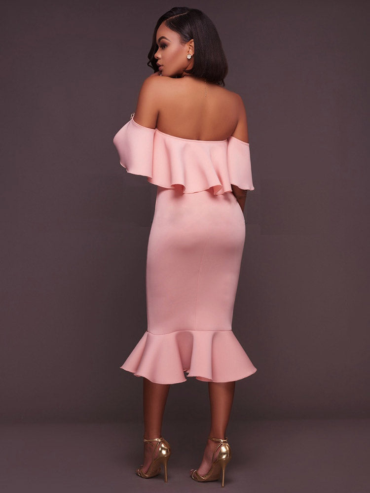 Off  Shoulder Ruffle Bodycon Midi Dress - Seldom Seen Styles