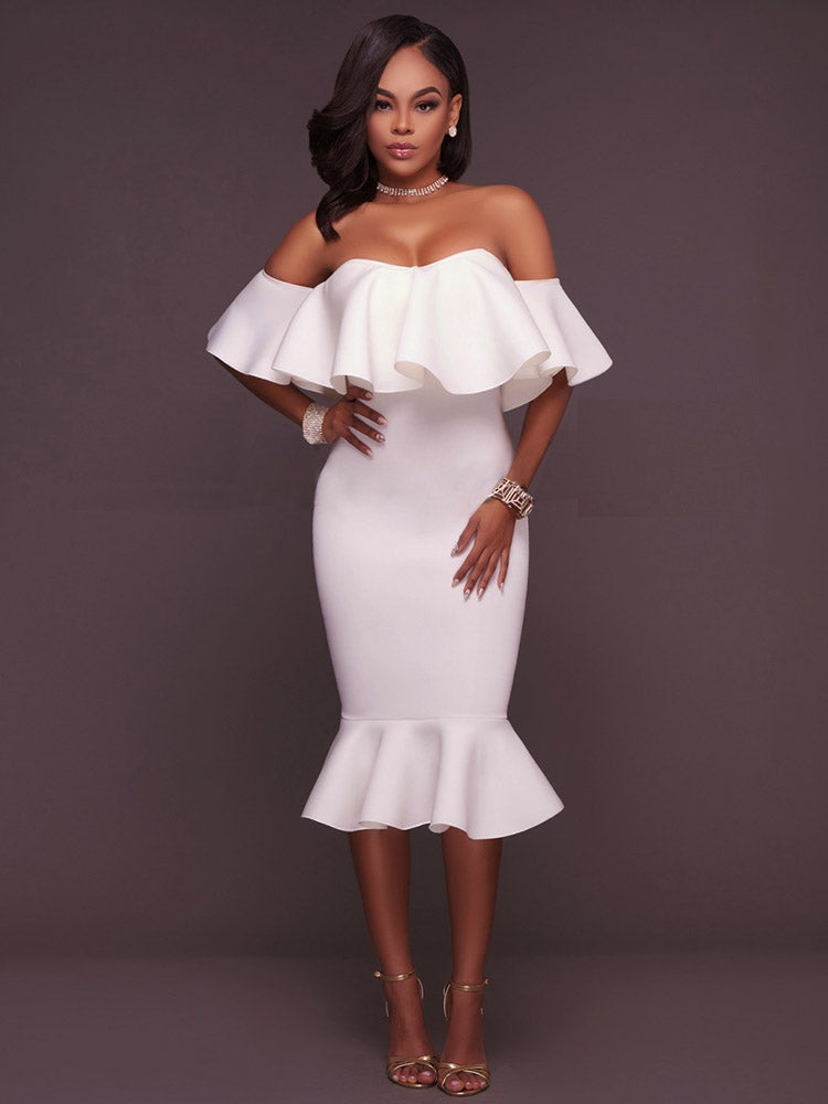 Off  Shoulder Ruffle Bodycon Midi Dress - Seldom Seen Styles