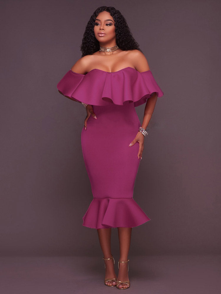 Off  Shoulder Ruffle Bodycon Midi Dress - Seldom Seen Styles