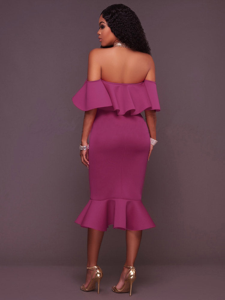 Off  Shoulder Ruffle Bodycon Midi Dress - Seldom Seen Styles