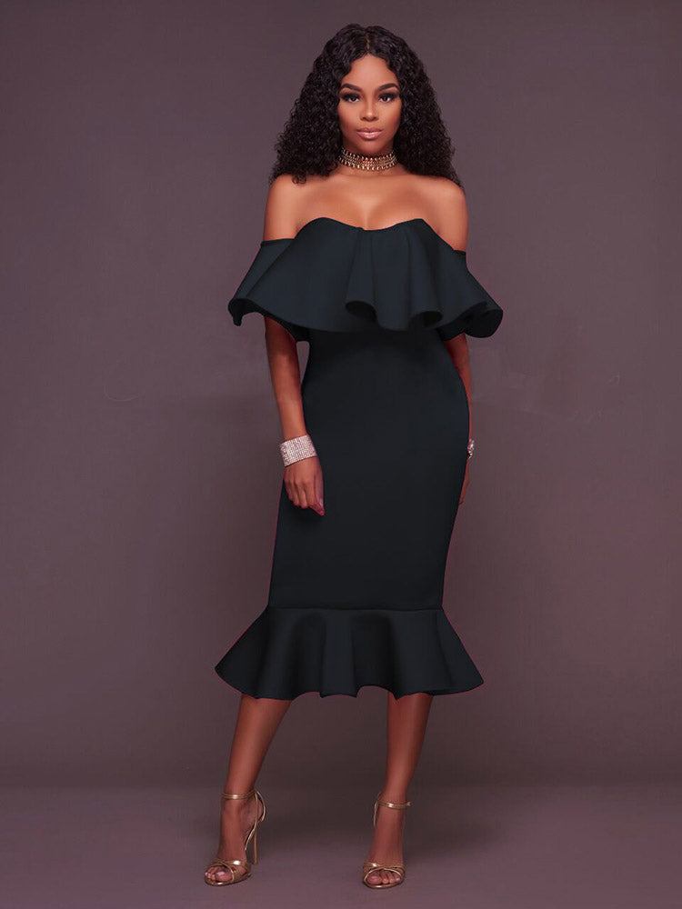 Off  Shoulder Ruffle Bodycon Midi Dress - Seldom Seen Styles