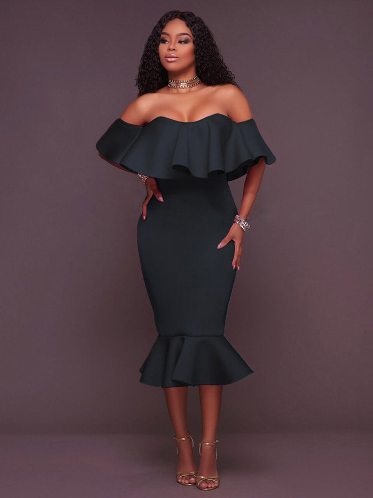 Off  Shoulder Ruffle Bodycon Midi Dress - Seldom Seen Styles