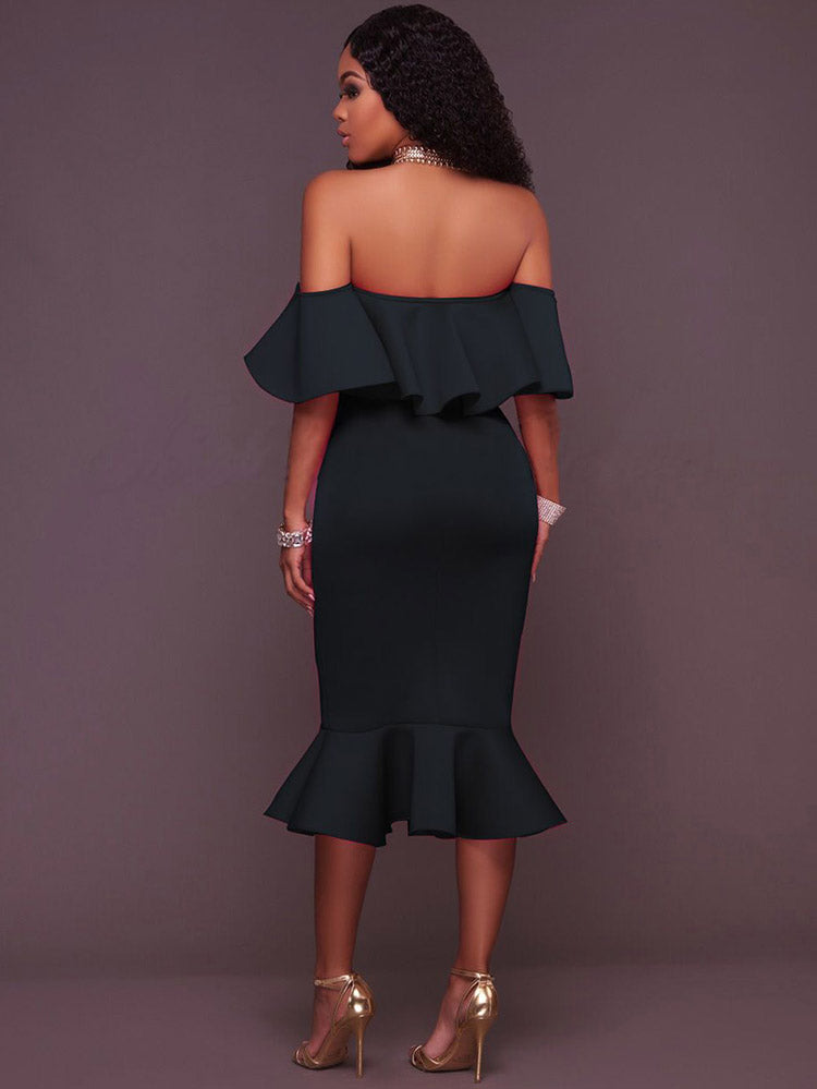 Off  Shoulder Ruffle Bodycon Midi Dress - Seldom Seen Styles