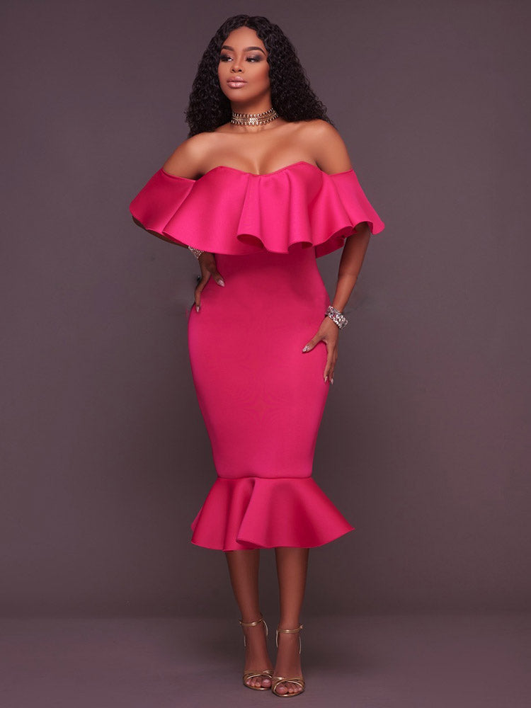 Off  Shoulder Ruffle Bodycon Midi Dress - Seldom Seen Styles