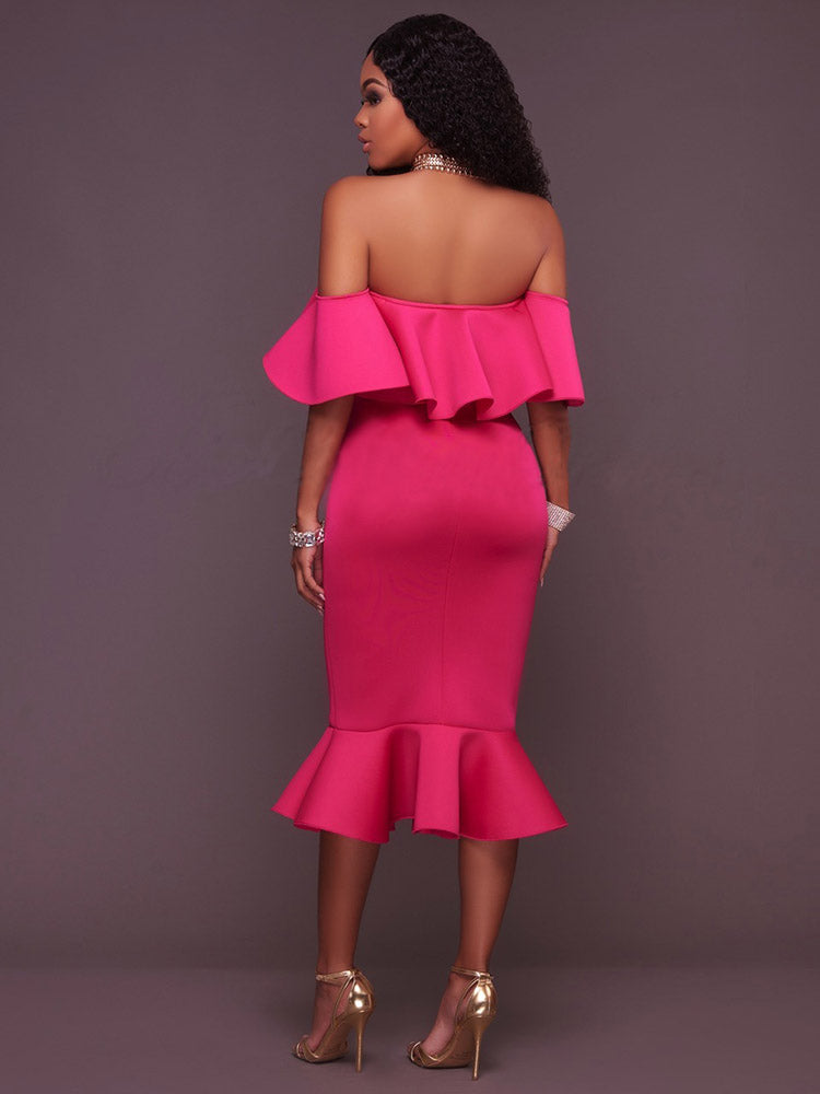 Off  Shoulder Ruffle Bodycon Midi Dress - Seldom Seen Styles