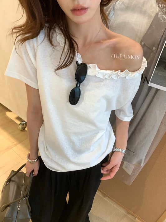 Off-Shoulder Ruffle Trim T-Shirt – Soft Feminine Loose Fit Summer Casual Tee - Seldom Seen Styles