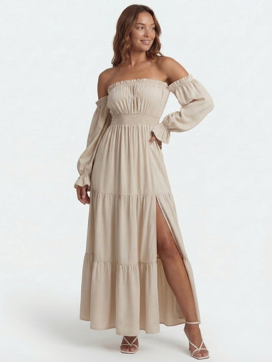 Off-Shoulder Smocked Waist Maxi Dress - Seldom Seen Styles