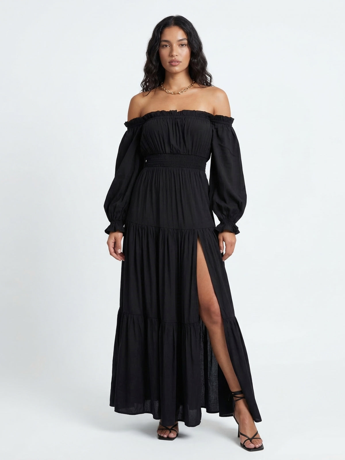 Off-Shoulder Smocked Waist Maxi Dress - Seldom Seen Styles