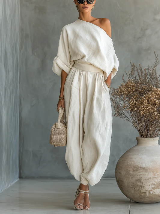 Off-white Linen Off-shoulder Loose Casual Top And Tapered Pants Set - Seldom Seen Styles