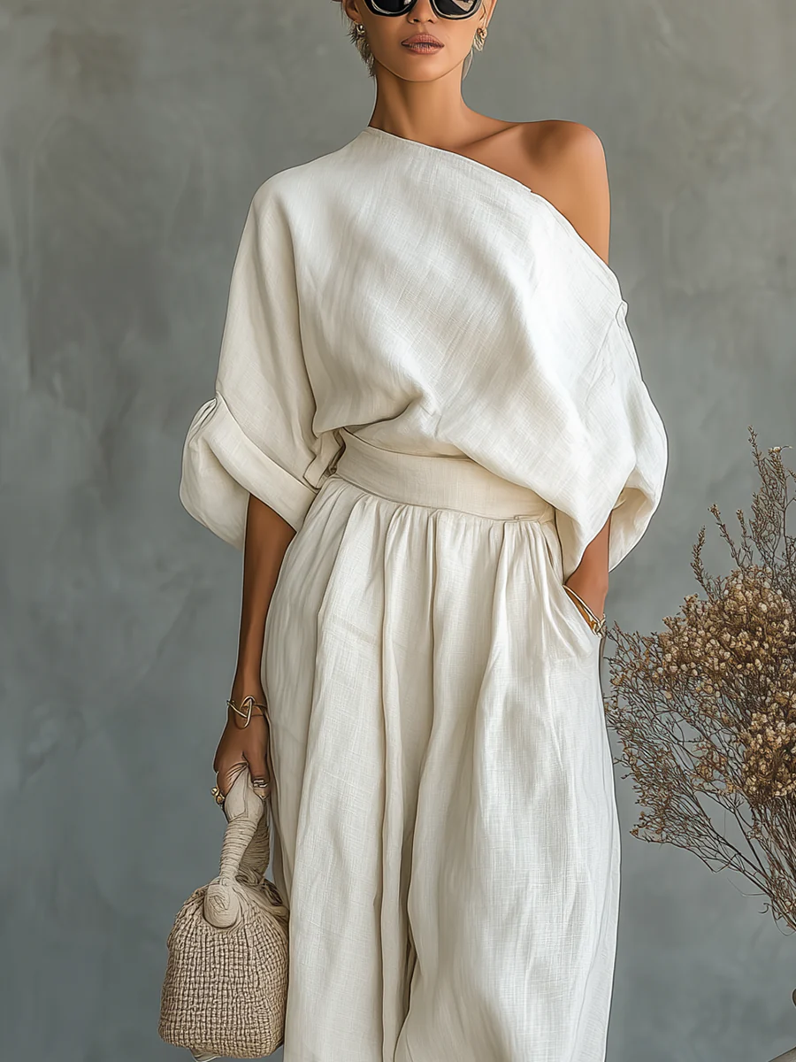 Off-white Linen Off-shoulder Loose Casual Top And Tapered Pants Set - Seldom Seen Styles