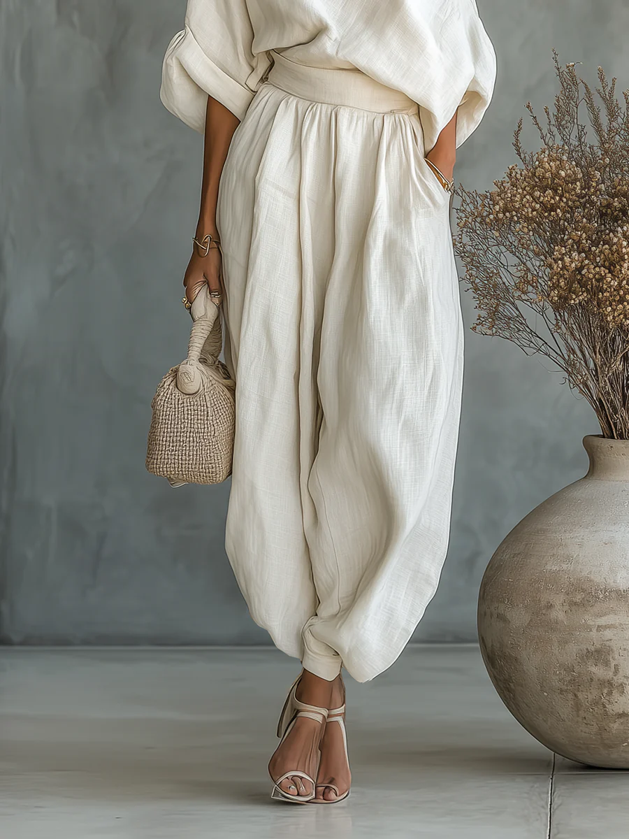 Off-white Linen Off-shoulder Loose Casual Top And Tapered Pants Set - Seldom Seen Styles
