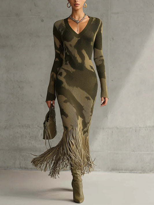 Olive Camo Knit V-Neck Fringe Hem Midi Dress - Seldom Seen Styles