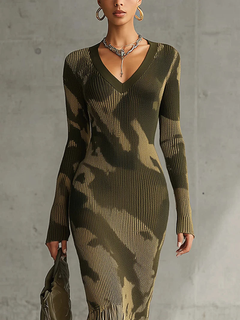 Olive Camo Knit V-Neck Fringe Hem Midi Dress - Seldom Seen Styles