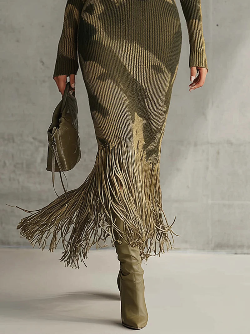 Olive Camo Knit V-Neck Fringe Hem Midi Dress - Seldom Seen Styles