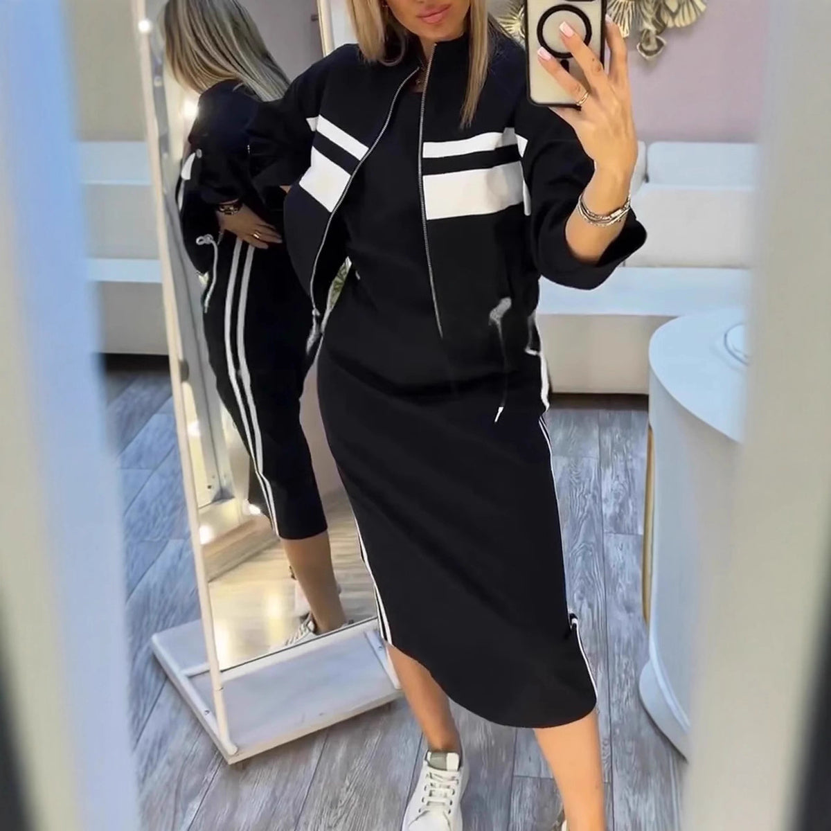 Olive Green Two Piece Skirt Set for Women – Casual Chic Midi Dress with Zip-Up Long Sleeve Jacket - Seldom Seen Styles