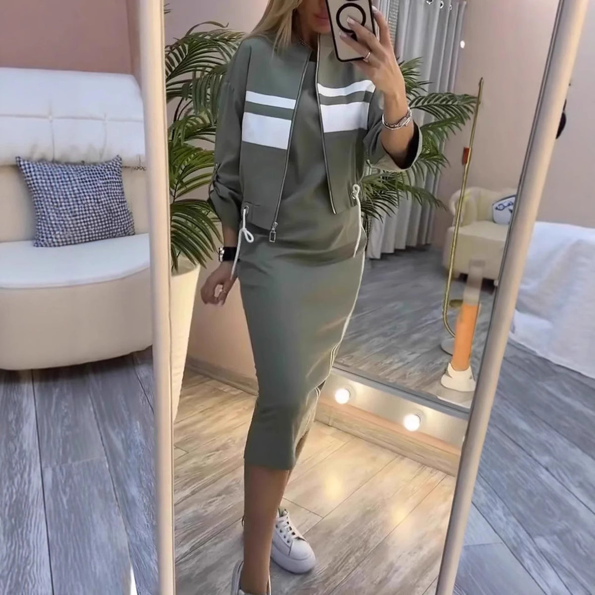 Olive Green Two Piece Skirt Set for Women – Casual Chic Midi Dress with Zip-Up Long Sleeve Jacket - Seldom Seen Styles