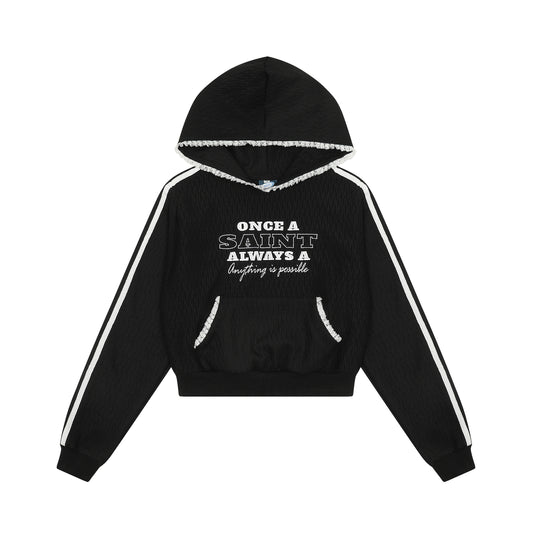 Once A Saint Graphic Cropped Hoodie Side Stripe Lace Trim Streetwear Y2K Casual Sweatshirt | Saint Crop - Seldom Seen Styles