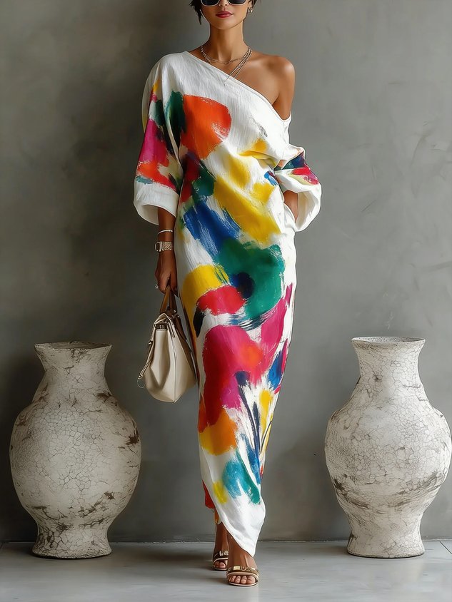 One-Shoulder Abstract Print Maxi Dress - Seldom Seen Styles