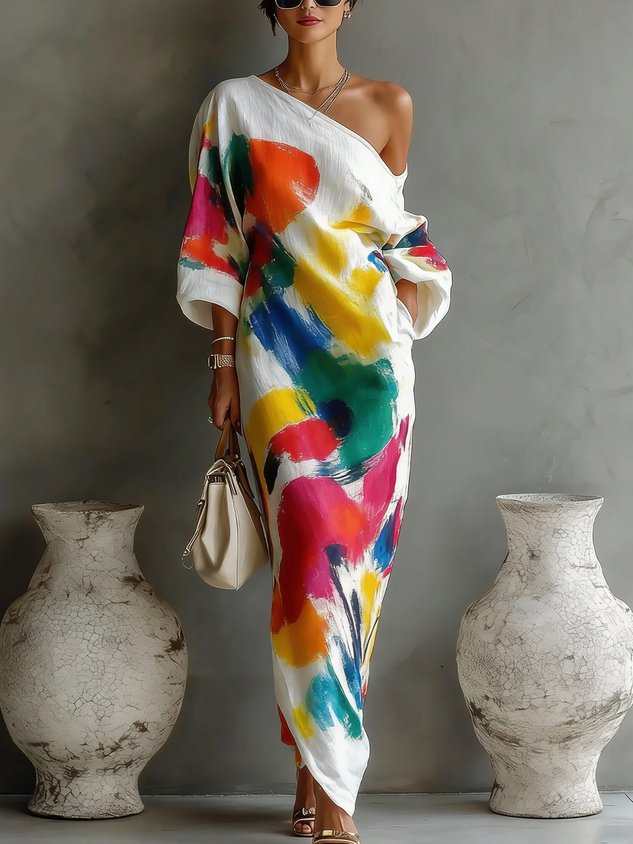 One-Shoulder Abstract Print Maxi Dress - Seldom Seen Styles