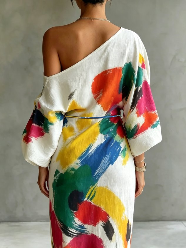 One-Shoulder Abstract Print Maxi Dress - Seldom Seen Styles
