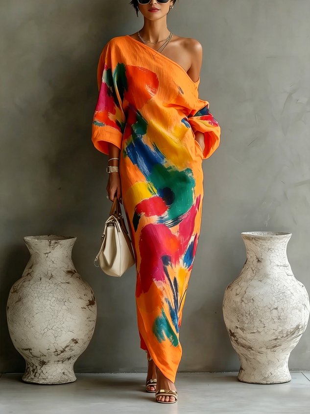 One-Shoulder Abstract Print Maxi Dress - Seldom Seen Styles