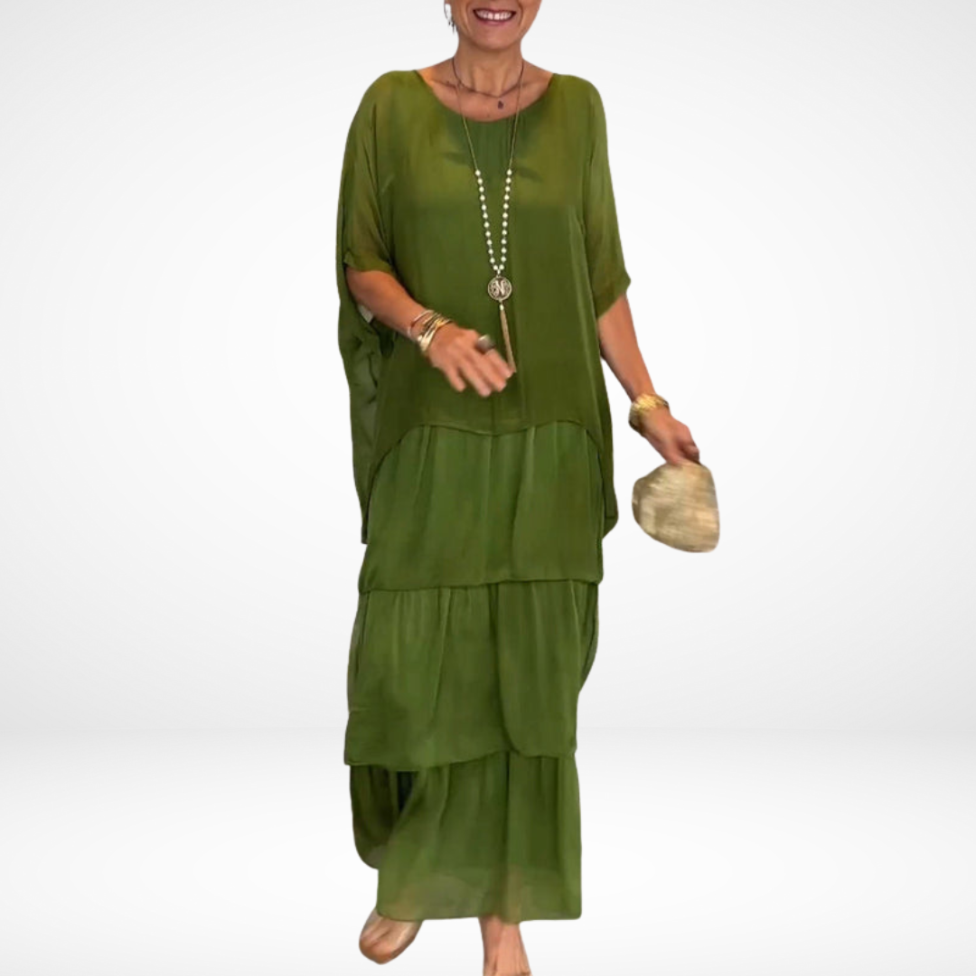 Womens Elegant Mother of The Bride Dresses for Wedding,Fall Chiffon 3/4 Batwing Sleeve Maxi Flowy Layered Dress - Seldom Seen Styles