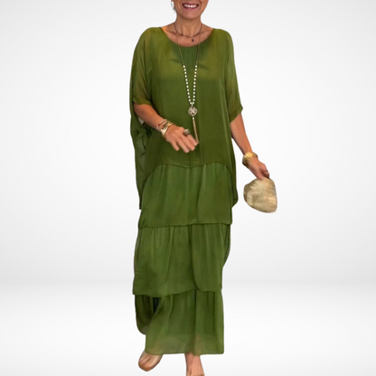 Womens Elegant Mother of The Bride Dresses for Wedding,Fall Chiffon 3/4 Batwing Sleeve Maxi Flowy Layered Dress